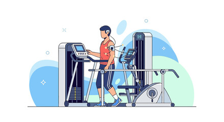 Man Exercising on Treadmill in Gym, Flat Vector Illustration for Fitness Concept with Modern