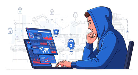 Man in hoodie analyzing data on laptop screen with security icons and factory background