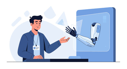 Man interacting with a robotic arm extending from a digital screen representing technology future