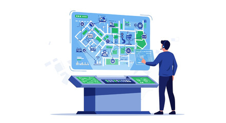 Man interacting with a futuristic control panel displaying complex data visualization system
