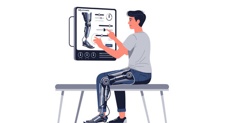 Man interacts with digital screen to adjust prosthetic leg settings innovation and technology