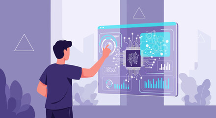 Man interacting with futuristic interface showcasing ai data and technology integration