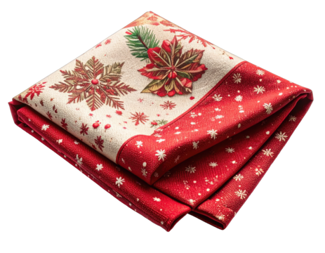 Festive Christmas Fabric with Poinsettia and Snowflake Design Folded.