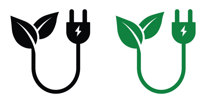 Eco plug with green leaf icon symbolizing renewable energy, sustainable power, and eco-friendly electricity concept design for poster, banner, or clean energy illustration.