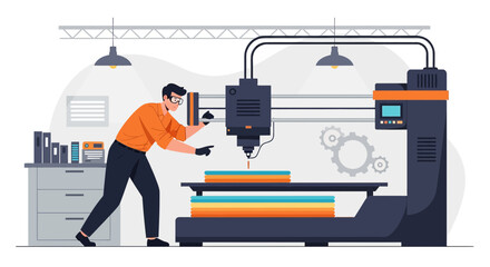 Man operating industrial 3D printer with protective gear in manufacturing facility showcasing