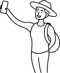 Traveler Taking Selfie Minimal Line Art Drawing Vector Illustration