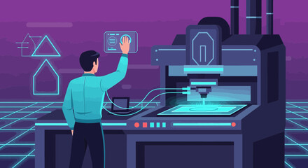 Man operating a futuristic high-tech manufacturing machine with advanced interface screen