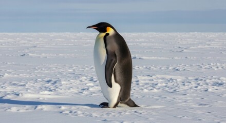 Fototapeta premium Solitary penguin standing on snowy expanse, shadowed against the bright sky