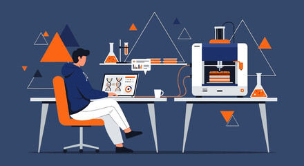Man Using a 3D Printer and Laptop for Scientific Research and Development at Home or Office