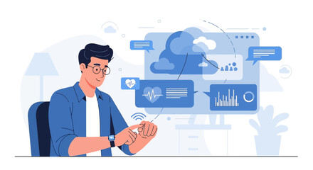 Man using a smartwatch for health monitoring and data analysis via cloud computing