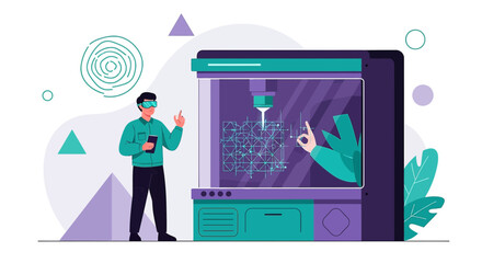 Man using virtual reality to design and interact with a 3D printing machine concept