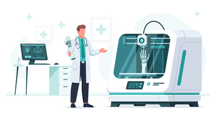 Medical innovation concept with a doctor showcasing 3D printed bone structures and technology for