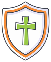 Obraz premium Doodle style religious shield with a vibrant green cross symbol centered protection