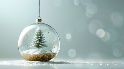 Multiple transparent glass Christmas ornaments hanging with miniature trees inside, illuminated by bright golden bokeh lights and sunbeams
