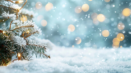 Wide Christmas winter background with a decorated, snowy pine tree, falling snow, red and gold ornaments, and bright golden bokeh lights
