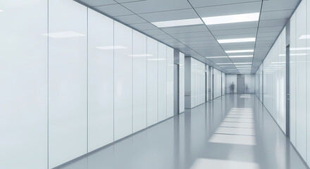 Fototapeta premium Long, bright hallway with white walls and ceiling lights, leading to a distant figure.
