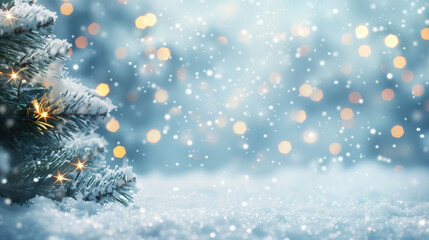 Wide banner format Christmas winter background with a snowy pine tree branch, falling snowflakes, and blurred golden bokeh lights, ideal for text.