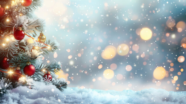 Wide Christmas winter background with a decorated, snowy pine tree, falling snow, red and gold ornaments, and bright golden bokeh lights - Powered by Adobe