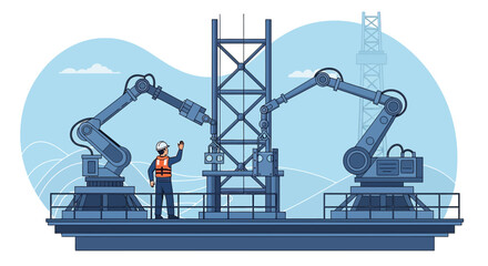 Offshore oil platform construction with robotic arms and worker inspecting progress