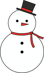 Cheerful snowman with a black top hat and red scarf on a light blue background