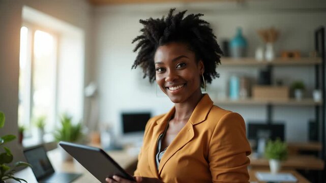 confident businesswoman smiling and looking at camera, holding tablet in modern office, concept of business consulting, coworking, tech startups.
