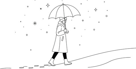 Naklejka premium Woman walking in snow with umbrella in a minimalist line art illustration