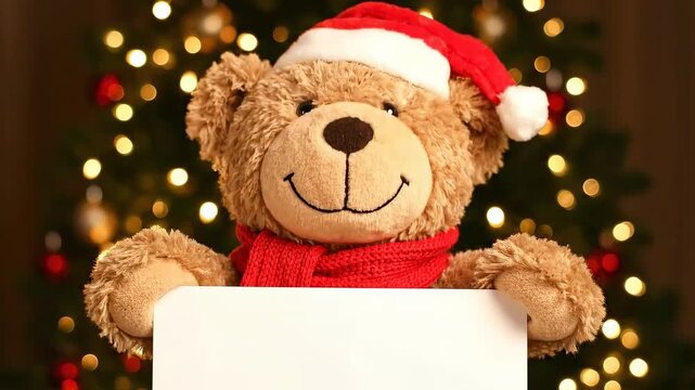 Cute Teddy Bear in Santa Hat Nodding Head with Blank Sign &ndash; Christmas Background