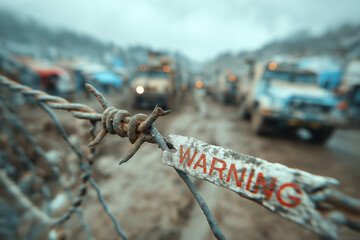 Obraz premium Fil barbelé rouillé avec véhicules militaires flous en arrière-plan, scène de guerre ou zone de conflit