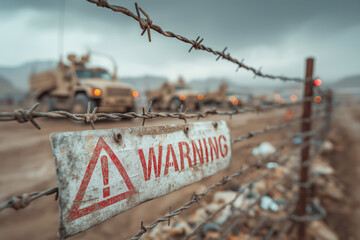 Obraz premium Fil barbelé rouillé avec véhicules militaires flous en arrière-plan, scène de guerre ou zone de conflit
