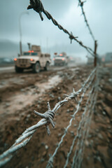 Obraz premium Fil barbelé rouillé avec véhicules militaires flous en arrière-plan, scène de guerre ou zone de conflit