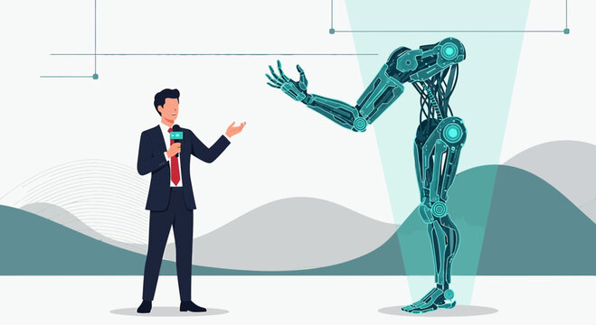 Robot unveiling by news reporter symbolizing technological advancement and innovation