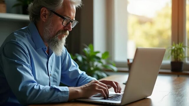 senior man working on laptop at home office, focused expression, natural morning light, concept of remote work, freelance, business consulting, looking at screen.