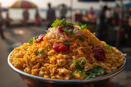 Sunlit Mumbai street scene with vibrant bowl of bhel puri bursting with color