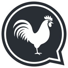 Rooster silhouette inside a speech bubble chat icon. Vector logo design for farm or food business.