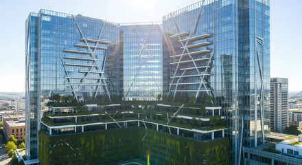 Modern glass skyscraper with integrated terraced gardens and green walls on a sunny day.