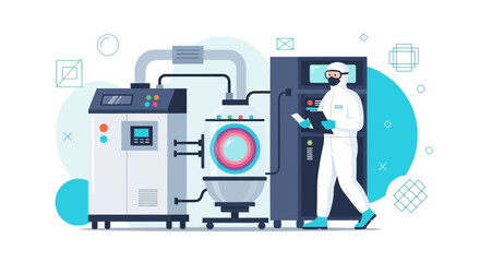 Scientist in hazmat suit working in advanced laboratory with complex machinery