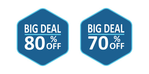 Blue geometric hexagon big deal sale badge with large percentage off text. Clean, modern vector sticker for web and promotions.