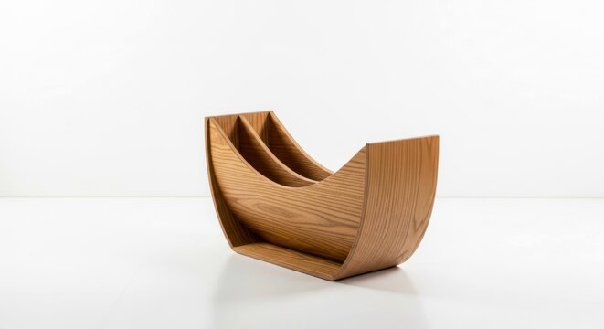 Wooden curved magazine rack with three slots isolated against a white background