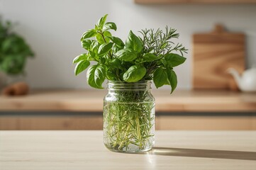 Fresh basil and rosemary bathed in sunlight within a serene natural kitchen setting