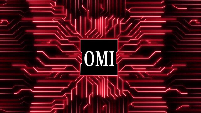 Modern omi logo on a circuit board background, featuring glowing blue lines and a sleek design, perfect for technology branding and digital applications in the tech industry