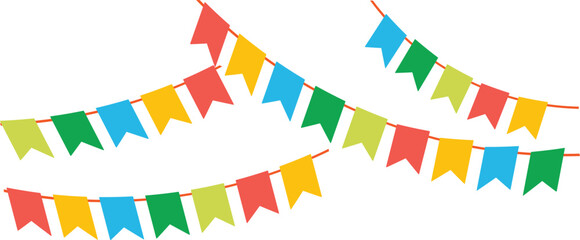 Colorful bunting flags on string for birthday party decoration, holiday anniversary fabric garland design, modern festive hanging decor. Isolated. Vector illustration