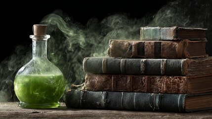 A set of enchanted spellbooks beside a glowing green potion emitting swirling smoke, symbolizing mana, mystical energy, and the mysterious art of magic and wizardry
