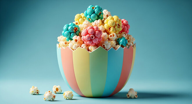A colorful popcorn bowl filled with rainbowhued kernels, creating a whimsical and joyful treat on a light blue backdrop