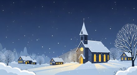 Fototapeta premium Snowy village landscape with an illuminated church on a starry winter night