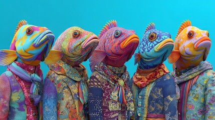 Vibrant, whimsical fish dressed in playful clothing, creating a fun and imaginative underwater scene full of color, charm, and creative character design.
