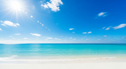 Obraz premium Idyllic tropical beach with white sand, turquoise sea, blue sky, and sunshine for summer vacation concept