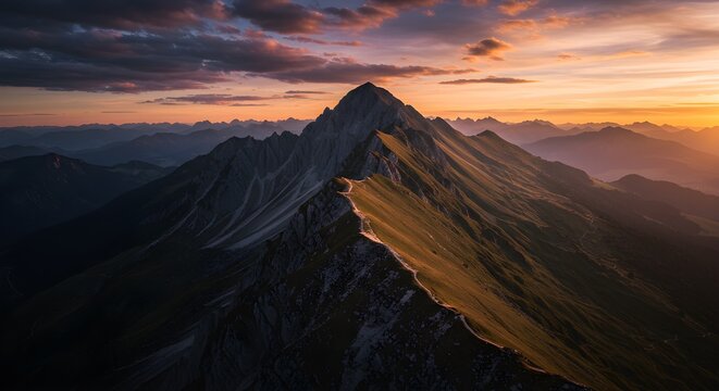 Sunset over a mountain peak with a dramatic cloudy sky