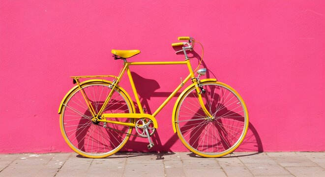 Vibrant yellow bicycle against a bright pink wall