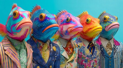Vibrant, whimsical fish dressed in playful clothing, creating a fun and imaginative underwater scene full of color, charm, and creative character design.
