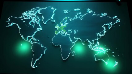 World map with europe highlighted in green and other locations in blue neon light on a dark background - Powered by Adobe